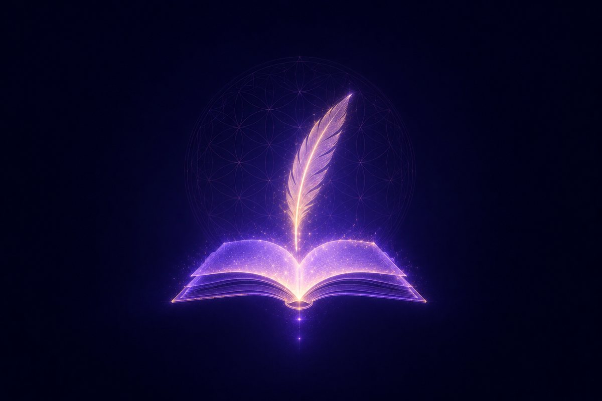 Self-Publish & Prosper — a luminous open book with a quill of light